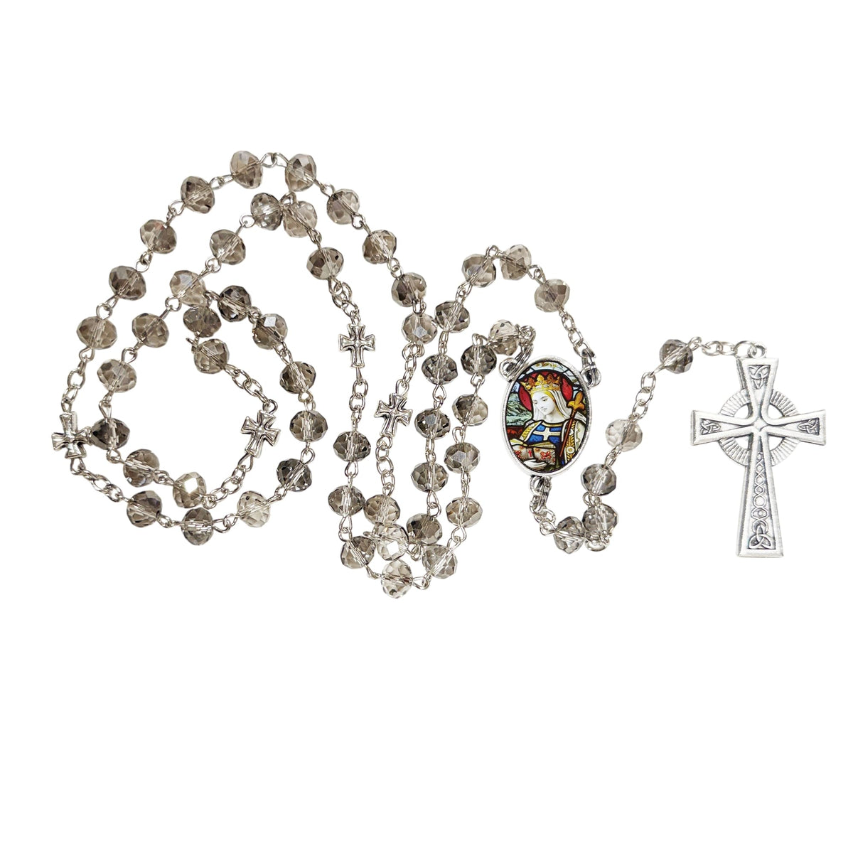 Saint Margaret of Scotland Patron of Scotland Handcrafted Smoke Quartz Crystal Rosary with Silver‑Plated Crucifix and Color Image Centerpiece Cross Pater Nosters and Prayer Card Included