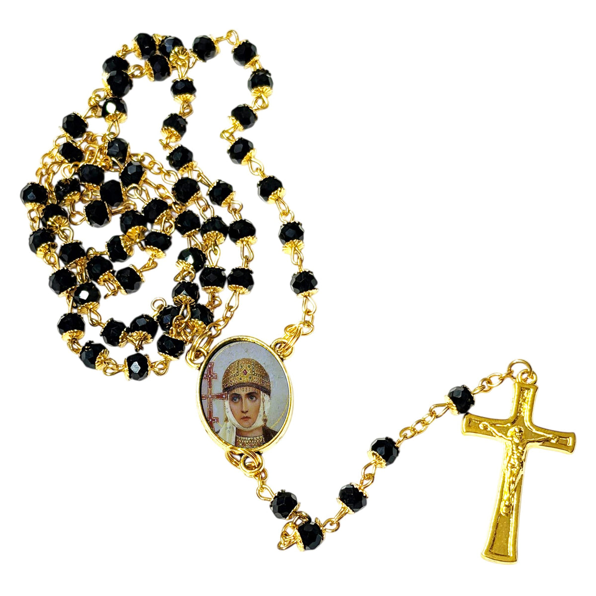 Olga of Kiev Patron of Ukraine Widows and Converts Handcrafted rosary jet black quartz capped beads gold plated findings, crucifix, medal centerpiece with color image and a prayer card
