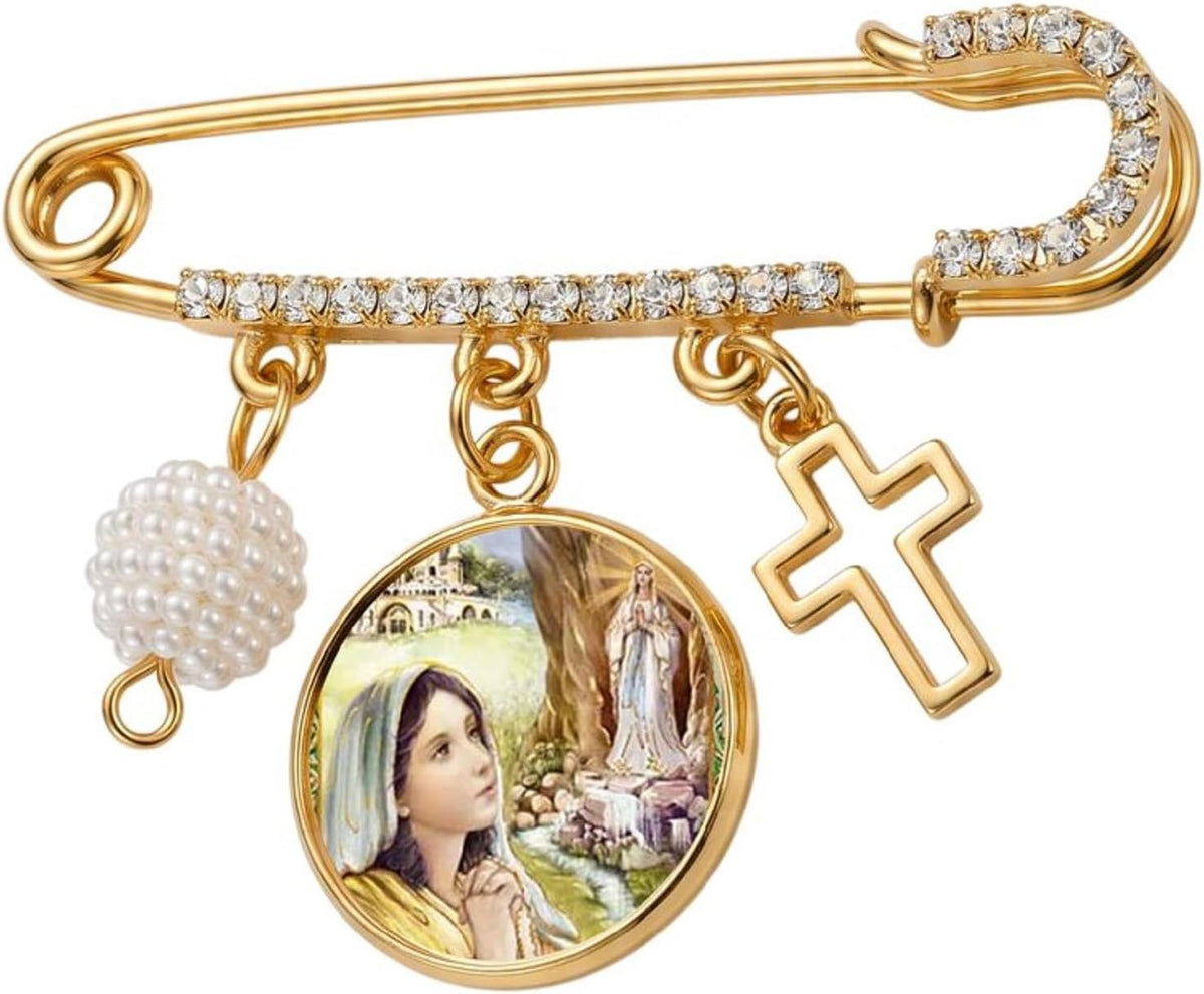 St. Bernadette Catholic Prayer Pin Brooch, Gold-Tone Rhinestone Safety Pin with Saint Medal, Cross Charm, Pearl Bead Accent & English Prayer Card, Religious Faith Jewelry Gift