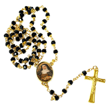 Saint Catherine of Bologna Patron of Artists Handcrafted rosary jet black quartz capped beads gold plated findings, crucifix, medal centerpiece with color image and a prayer card IN ENGLISH