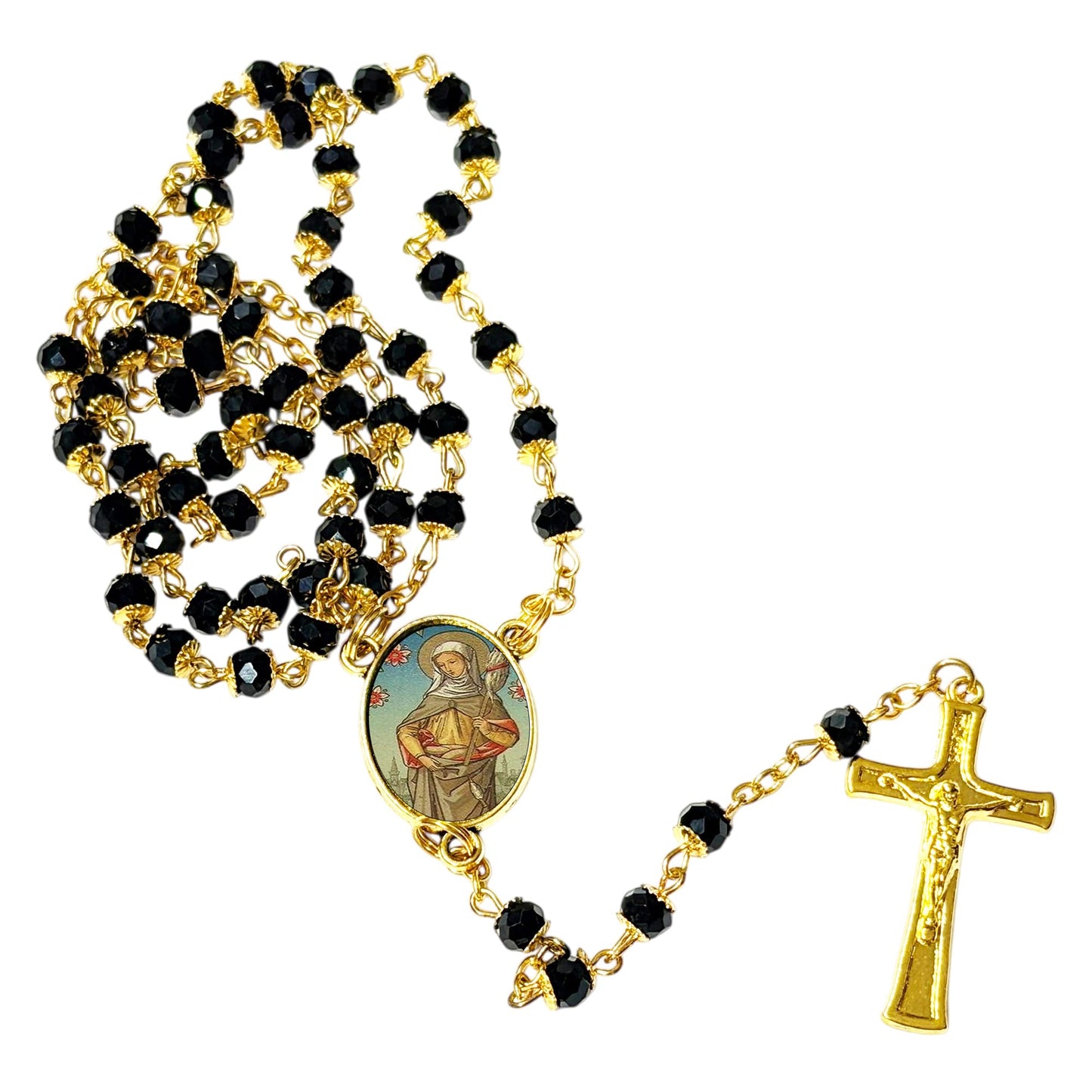 Saint Genevieve Patron of Paris Handcrafted rosary jet black quartz capped beads gold plated findings, crucifix, medal centerpiece with color image and a prayer card