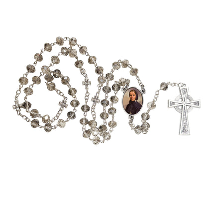 Mother Frances Xavier Cabrini Patron of immigrants and missionaries Handcrafted Smoke Quartz Crystal Rosary with Silver‑Plated Crucifix and Color Image Centerpiece – Cross Pater Nosters and Prayer Card Included