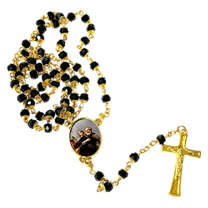 Saint Peregrine Patron of Those Afflicted with Cancer Handcrafted rosary jet black quartz capped beads gold plated findings, crucifix, medal centerpiece with color image and a prayer card