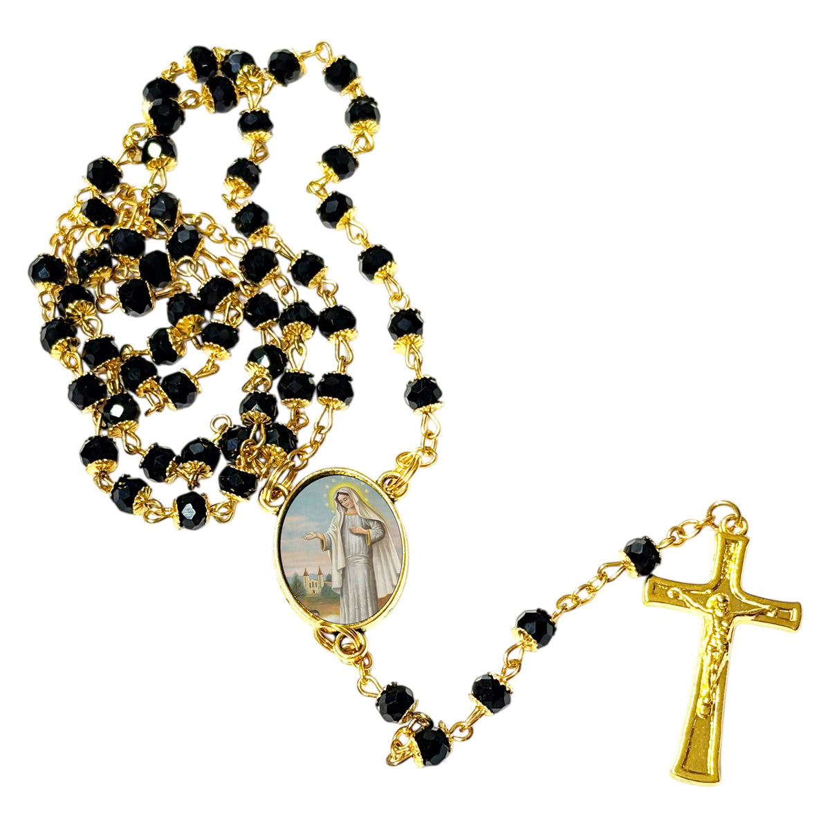 Our Lady of Medjugorje Mother of Goodness Love and Mercy Handcrafted rosary jet black quartz capped beads gold plated findings, crucifix, medal centerpiece with color image and a prayer card