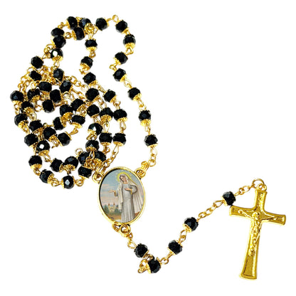 Our Lady of Medjugorje Mother of Goodness Love and Mercy Handcrafted rosary jet black quartz capped beads gold plated findings, crucifix, medal centerpiece with color image and a prayer card
