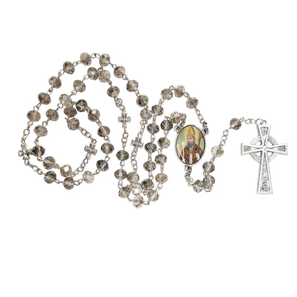 Saint Blaise Patron of Those with Throat Ailments Handcrafted Smoke Quartz Crystal Rosary with Silver‑Plated Crucifix and Color Image Centerpiece – Cross Pater Nosters and Prayer Card Included