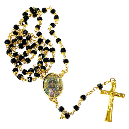 Our Lady of Czestochowa Patron of Poland Handcrafted rosary jet black quartz capped beads gold plated findings, crucifix, medal centerpiece with color image and a prayer card