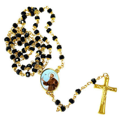 Saint Francis of Assisi Patron of Animals Merchants and Ecology Handcrafted rosary jet black quartz capped beads gold plated findings, crucifix, medal centerpiece with color image and a prayer card