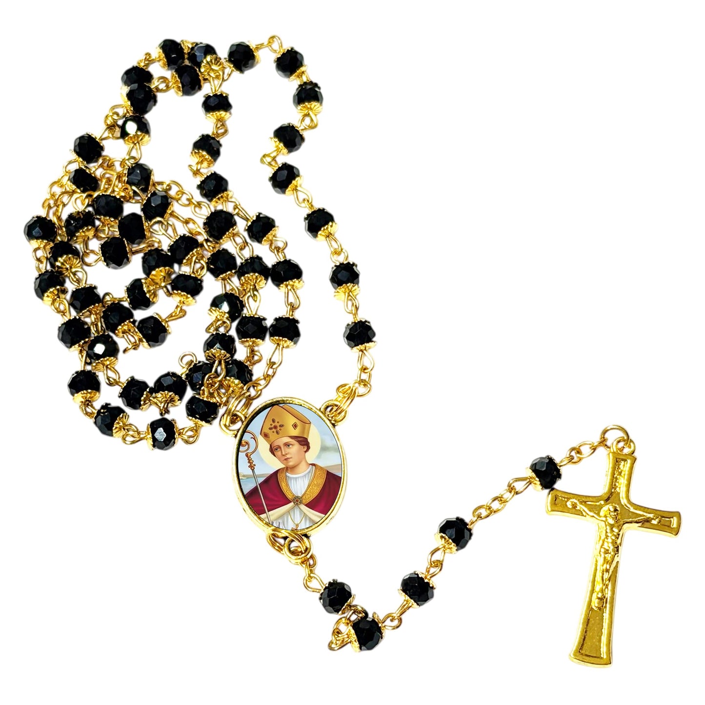 Saint Gennaro Patron of Those with Blood Clots and Blood Disorders Handcrafted rosary jet black quartz capped beads gold plated findings, crucifix, medal centerpiece with color image and a prayer card