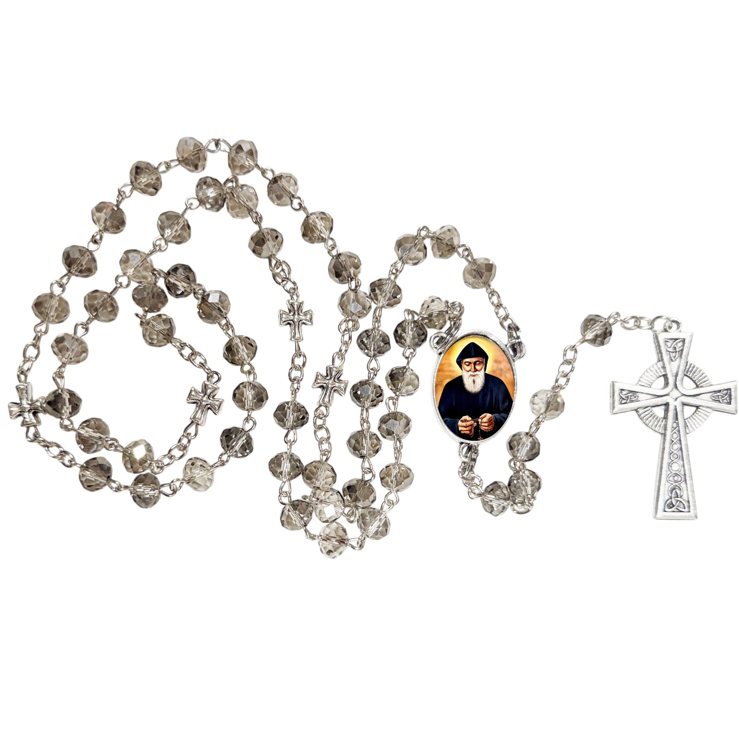 Saint Charbel Makhlouf The Miracle Monk of Lebanon Handcrafted Smoke Quartz Crystal Rosary with Silver‑Plated Crucifix and Color Image Centerpiece – Cross Pater Nosters and Prayer Card Included