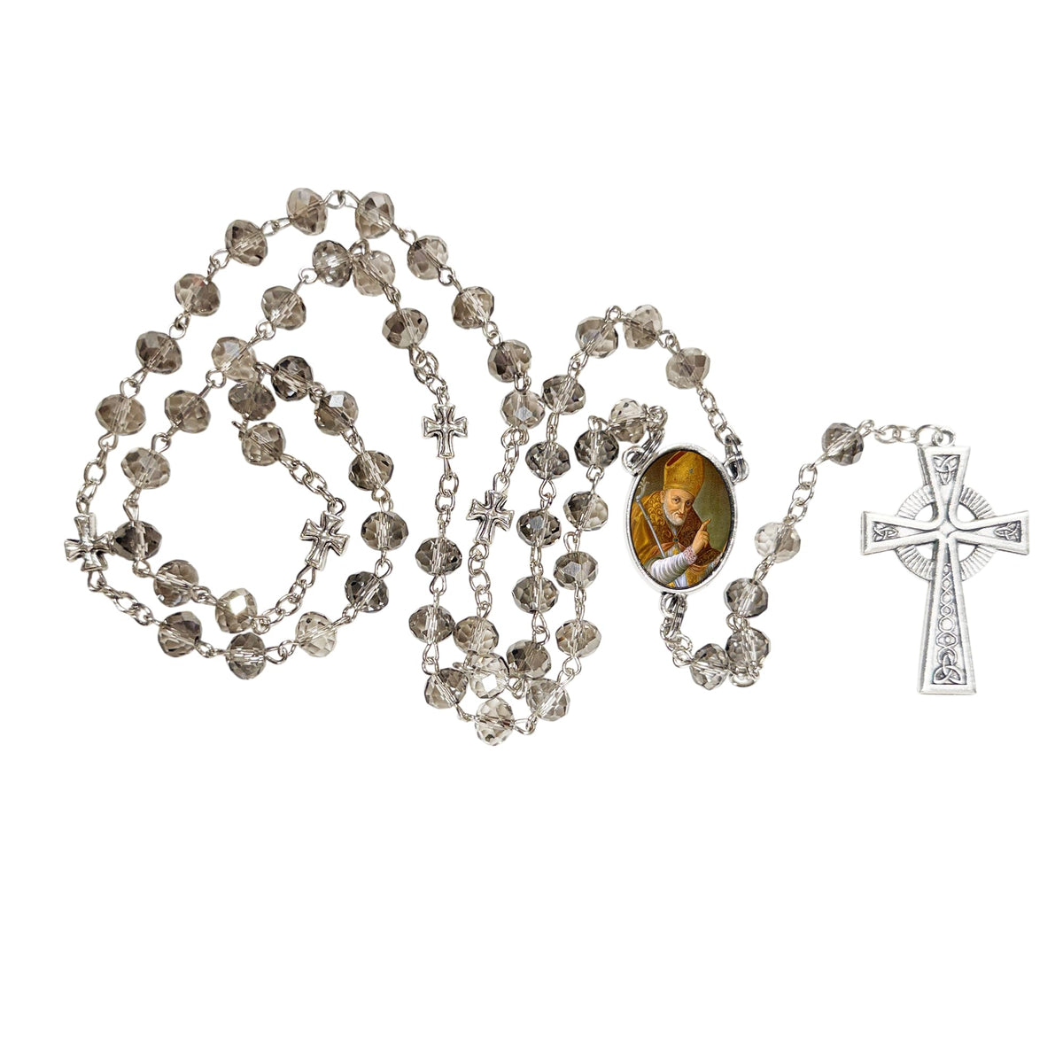 Saint Alphonsus Liguori Patron of Arthritis Sufferers and Lawyers Handcrafted Smoke Quartz Crystal Rosary with Silver‑Plated Crucifix and Color Image Centerpiece Cross Pater Nosters and Prayer Card Included