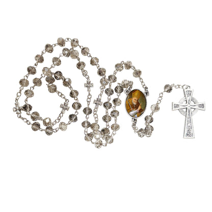 Saint Alphonsus Liguori Patron of Arthritis Sufferers and Lawyers Handcrafted Smoke Quartz Crystal Rosary with Silver‑Plated Crucifix and Color Image Centerpiece Cross Pater Nosters and Prayer Card Included
