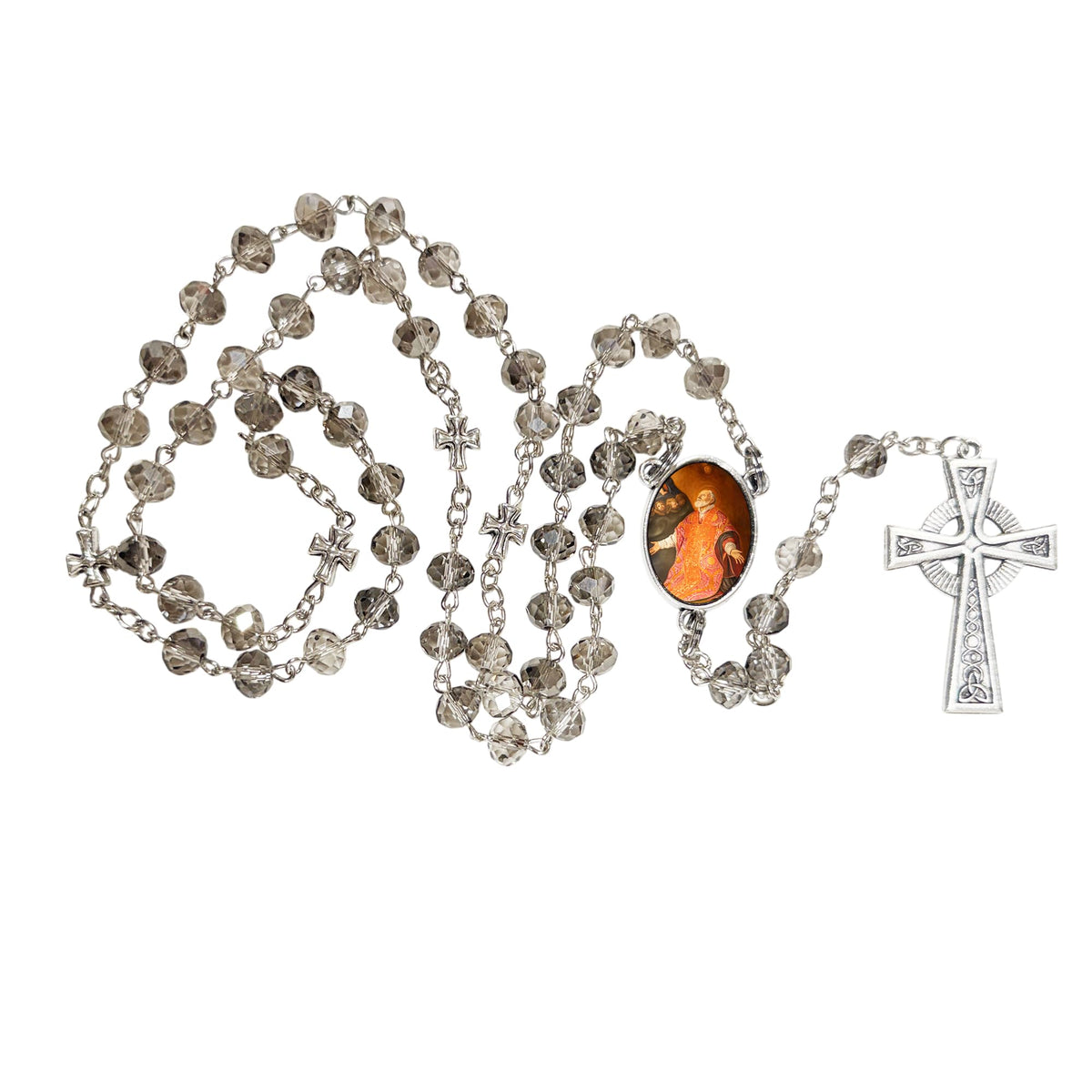 Saint Philip Neri is the Patron of joy, humor, comedians and artists Handcrafted Smoke Quartz Crystal Rosary with Silver‑Plated Crucifix and Color Image Centerpiece Cross Pater Nosters and Prayer Card Included