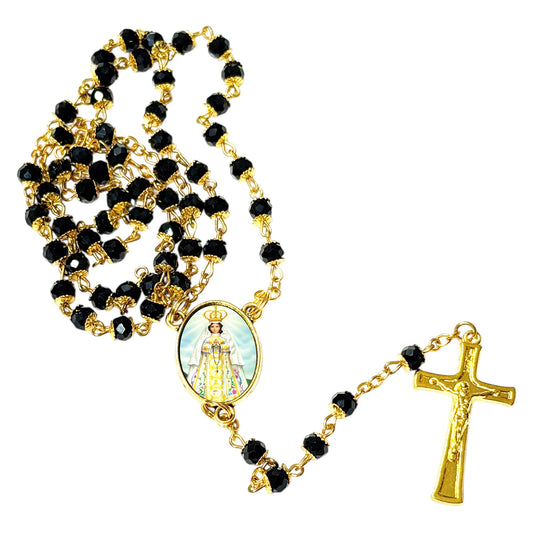 Virgen del Valle Patrona de la Isla Margarita Rosario Artesanal con cuentas de cuarzo negro azabache con coronita crucifijo y detalles enchapados en oro centro cabochon con imagen a color y postal de rezo