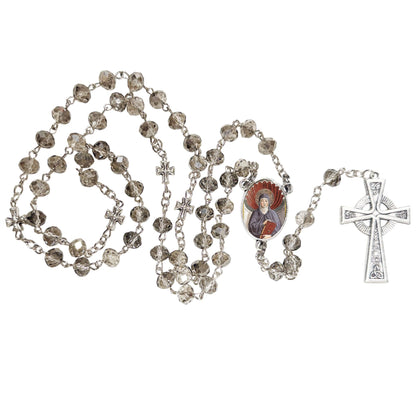 Saint Monica Patron of Wives and Abused Women Handcrafted Smoke Quartz Crystal Rosary with Silver‑Plated Crucifix and Color Image Centerpiece Cross Pater Nosters and Prayer Card Included
