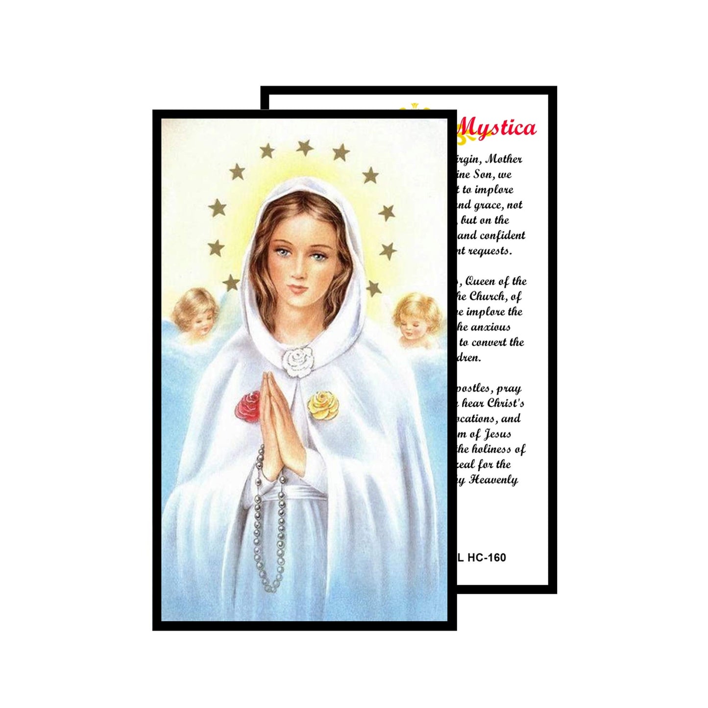 Maria Rosa Mistica Pureza Amor y Humildad Rosario artesanal de cristal de cuarzo ahumado con crucifijo bañado en plata y centro con imagen a color – crucifijos por Padre Nuestros y postal de rezo EN ESPANOL