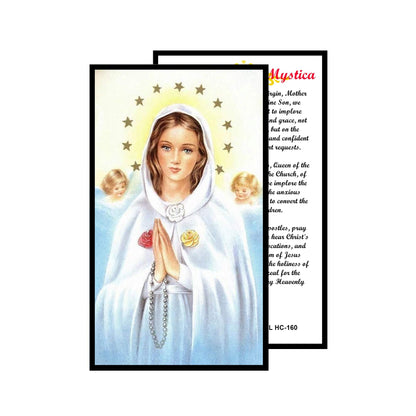 Maria Rosa Mistica Pureza Amor y Humildad Rosario artesanal de cristal de cuarzo ahumado con crucifijo bañado en plata y centro con imagen a color – crucifijos por Padre Nuestros y postal de rezo EN ESPANOL