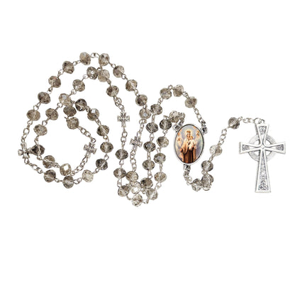 Our Lady of Mount Carmel Virgen del Carmen Handcrafted Smoke Quartz Crystal Rosary with Silver‑Plated Crucifix and Color Image Centerpiece – Cross Pater Nosters and Prayer Card Included