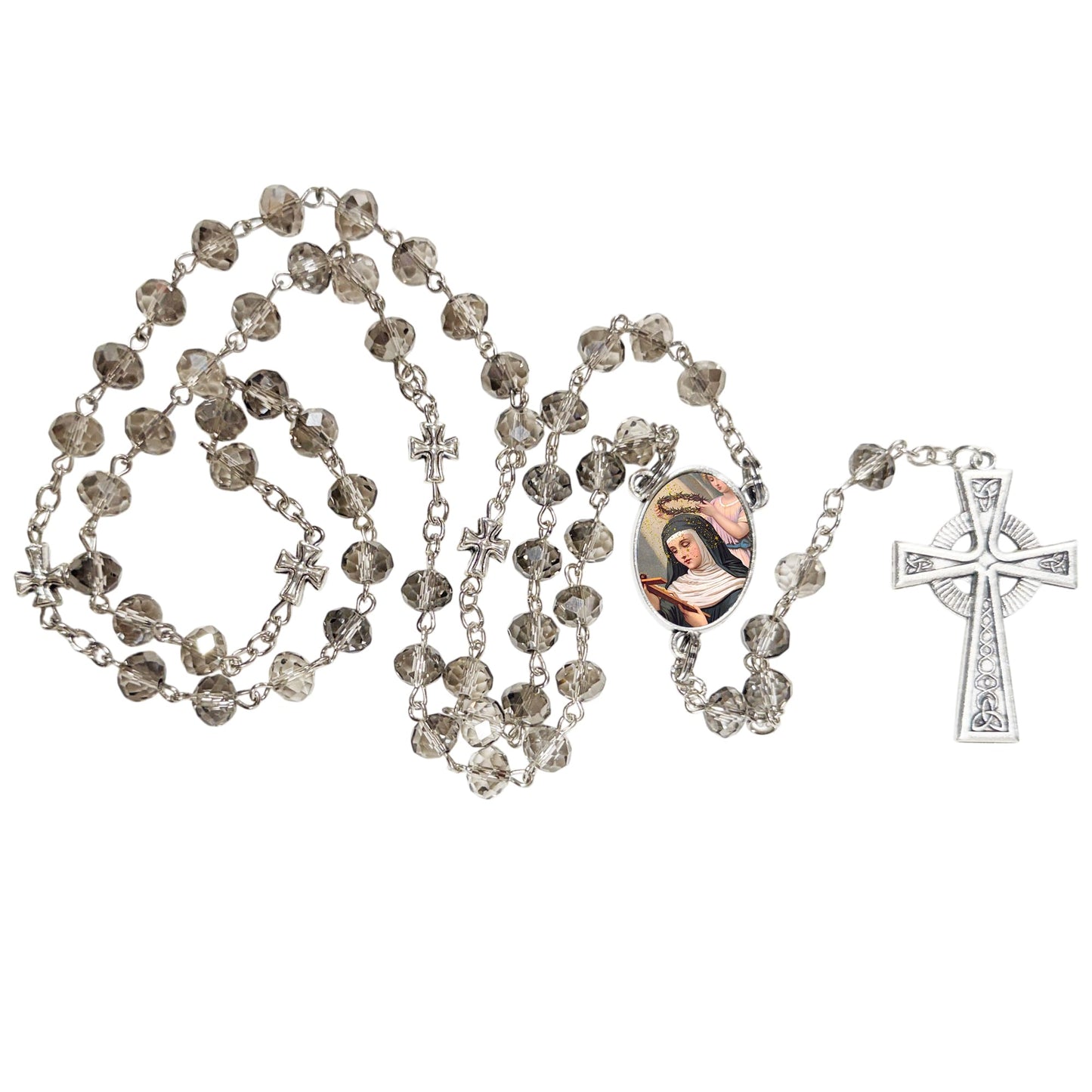 Saint Rita Patron of Abused Women and Difficult Marriages Handcrafted Smoke Quartz Crystal Rosary with Silver‑Plated Crucifix and Color Image Centerpiece Cross Pater Nosters and Prayer Card Included