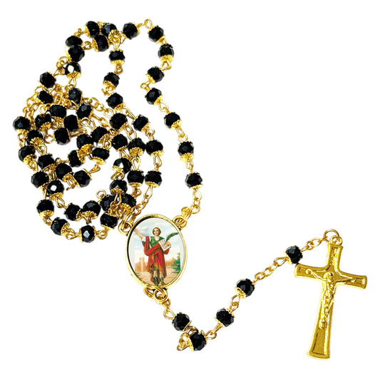 San Pancracio Patron de los Empleos y la Salud Rosario artesanal con cuentas de cuarzo negro azabache con coronita crucifijo y detalles enchapados en oro centro cabochon con imagen a color y postal de rezo