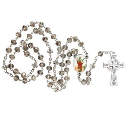 San Pancracio San Pancras Patron De Los Empleos Y La Salud Handcrafted Smoke Quartz Crystal Rosary with Silver‑Plated Crucifix and Color Image Centerpiece – Cross Pater Nosters and Prayer Card Included IN SPANISH