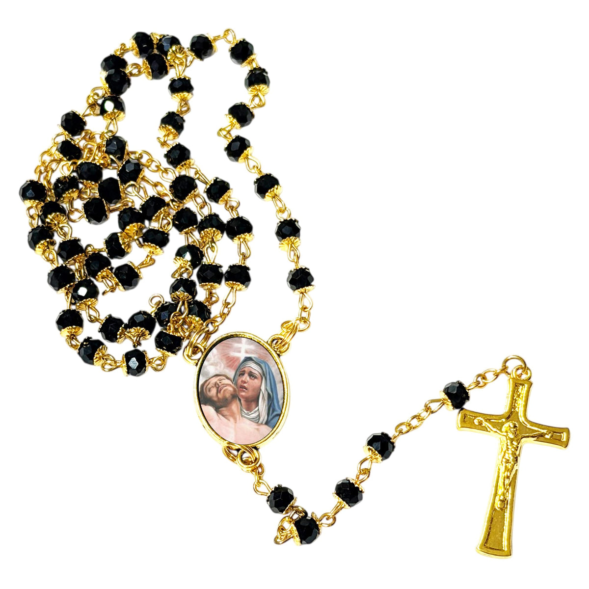 Lady of Sorrows La Dolorosa Handcrafted rosary jet black quartz capped beads gold plated findings, crucifix, medal centerpiece with color image and a prayer card