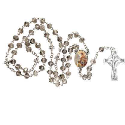 Saint Florian Patron of Firefighters Handcrafted Smoke Quartz Crystal Rosary with Silver‑Plated Crucifix and Color Image Centerpiece Cross Pater Nosters and Prayer Card Included