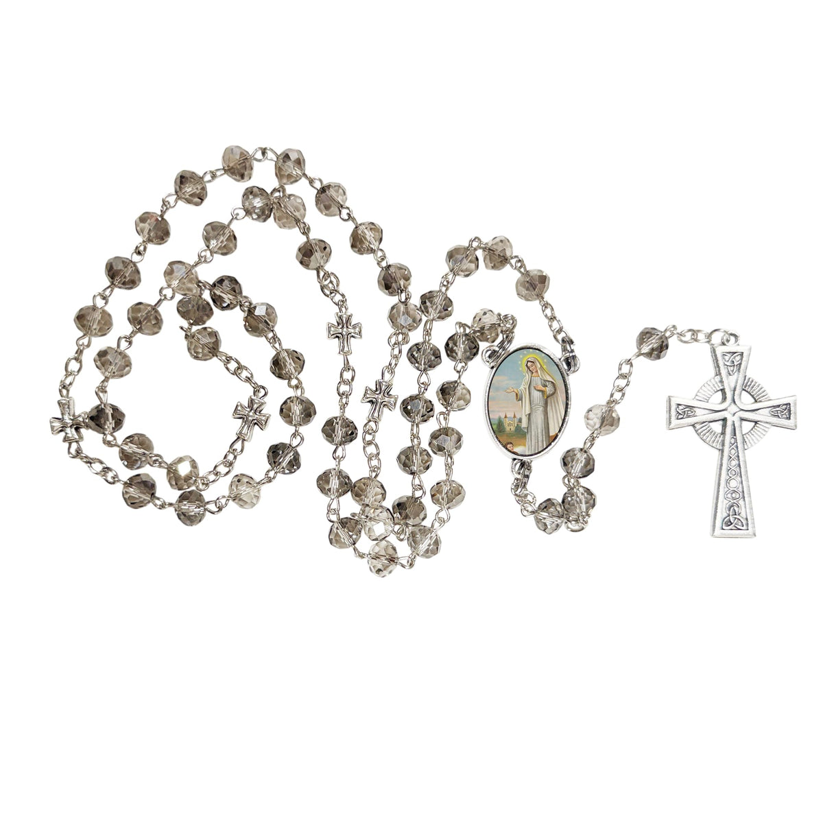 Our Lady of Medjugorje Mother of Goodness Love and Mercy Handcrafted Smoke Quartz Crystal Rosary with Silver‑Plated Crucifix and Color Image Centerpiece Cross Pater Nosters and Prayer Card Included