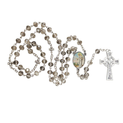 Our Lady of Medjugorje Mother of Goodness Love and Mercy Handcrafted Smoke Quartz Crystal Rosary with Silver‑Plated Crucifix and Color Image Centerpiece Cross Pater Nosters and Prayer Card Included