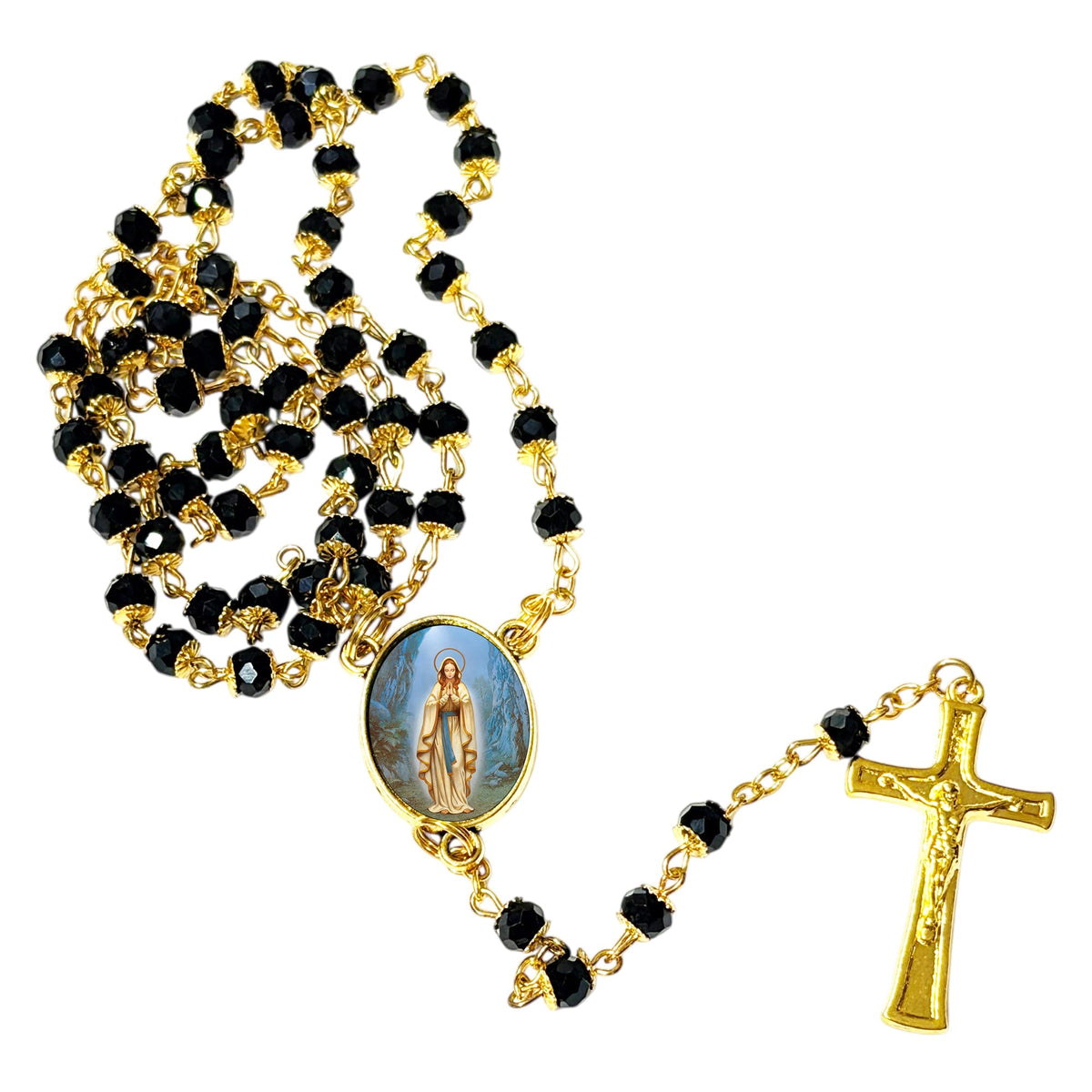 Our Lady of Lourdes Handcrafted rosary jet black quartz capped beads gold plated findings, crucifix, medal centerpiece with color image and a prayer card