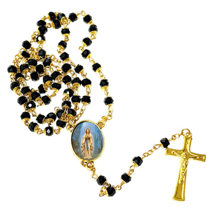 Our Lady of Lourdes Handcrafted rosary jet black quartz capped beads gold plated findings, crucifix, medal centerpiece with color image and a prayer card