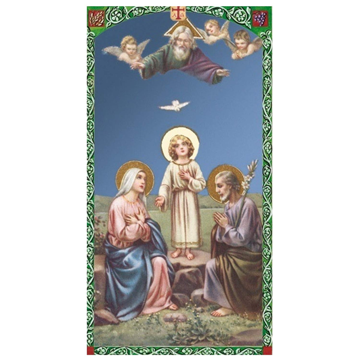 The Holy Family Handcrafted rosary jet black quartz capped beads gold plated findings, crucifix, medal centerpiece with color image and a prayer card