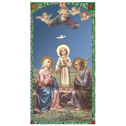 The Holy Family Handcrafted rosary jet black quartz capped beads gold plated findings, crucifix, medal centerpiece with color image and a prayer card