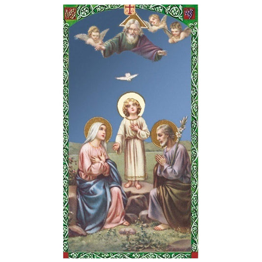 The Holy Family Handcrafted rosary jet black quartz capped beads gold plated findings, crucifix, medal centerpiece with color image and a prayer card