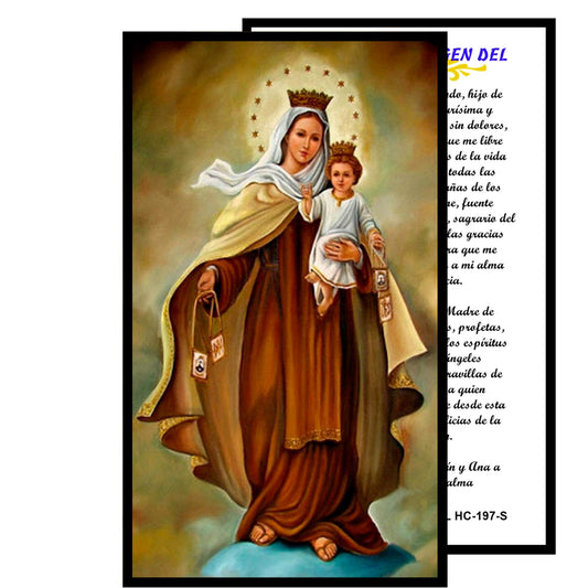 Virgen del Carmen del Monte Carmelo Rosario artesanal con cuentas de cuarzo negro azabache con coronita crucifijo y detalles enchapados en oro centro cabochon con imagen a color y postal EN ESPANOL