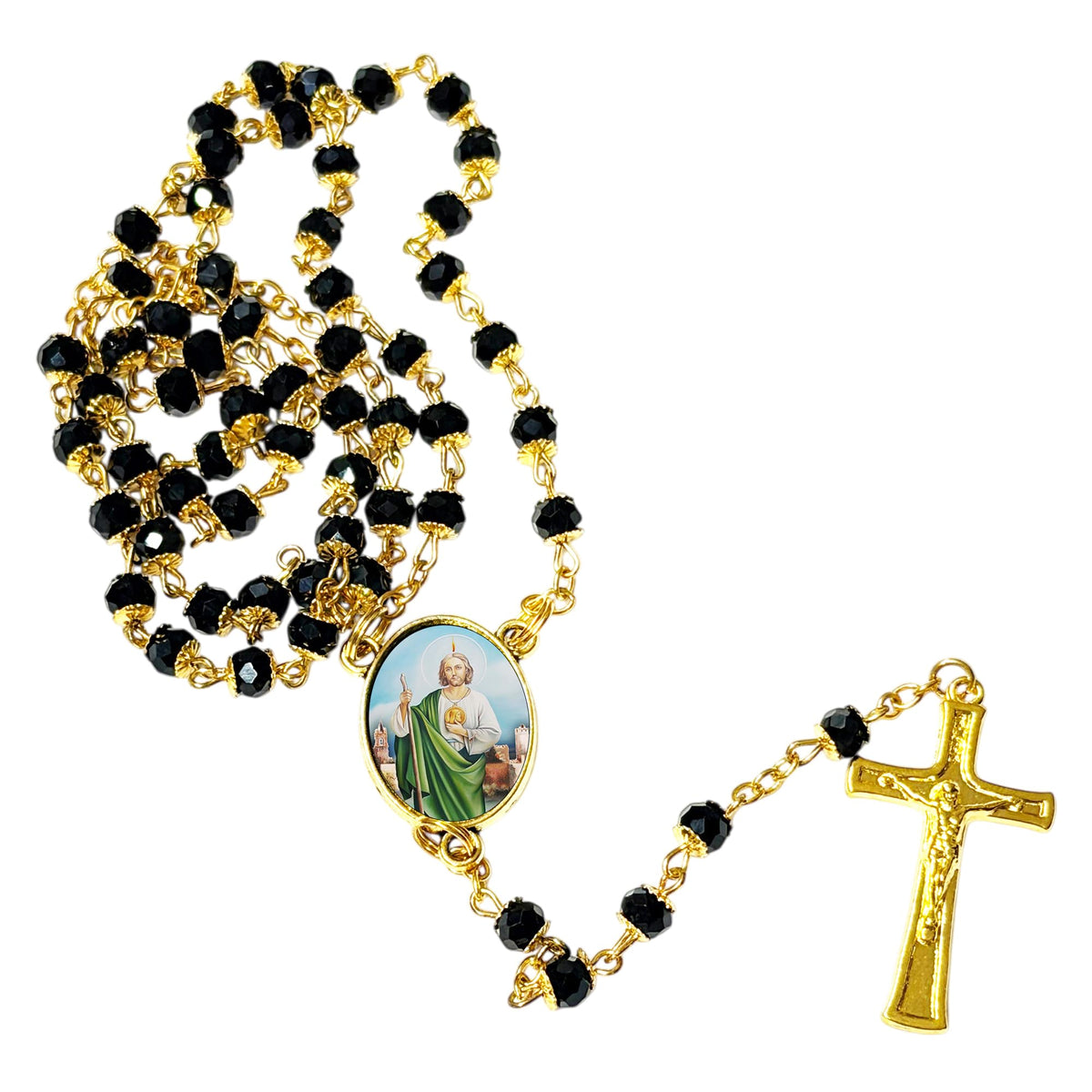 Saint Jude Thaddeus Patron of Hopeless Causes Handcrafted rosary jet black quartz capped beads gold plated findings, crucifix, medal centerpiece with color image and a prayer card