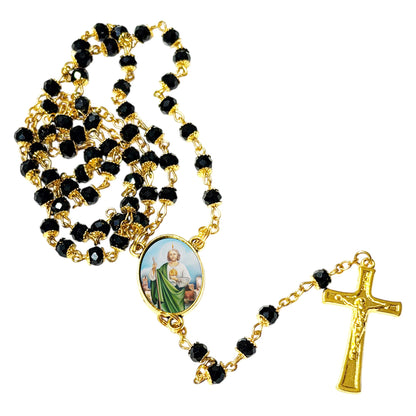 Saint Jude Thaddeus Patron of Hopeless Causes Handcrafted rosary jet black quartz capped beads gold plated findings, crucifix, medal centerpiece with color image and a prayer card