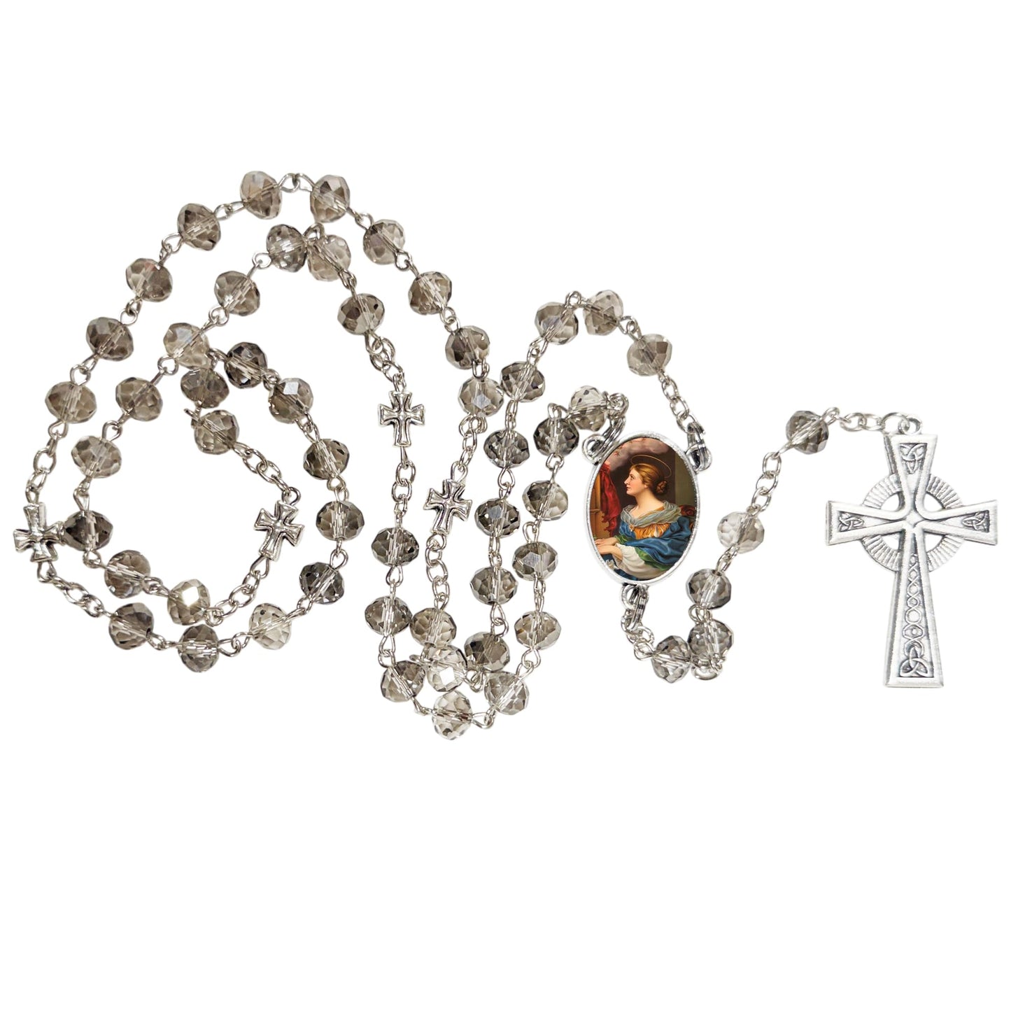 Saint Cecilia Patron of Musicians Handcrafted Smoke Quartz Crystal Rosary with Silver‑Plated Crucifix and Color Image Centerpiece – Cross Pater Nosters and Prayer Card Included