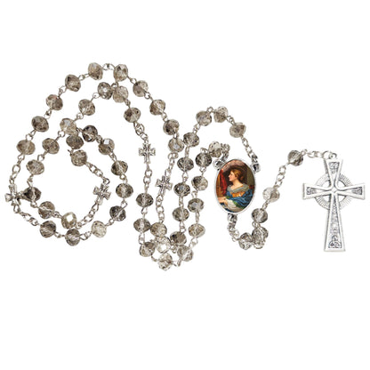 Saint Cecilia Patron of Musicians Handcrafted Smoke Quartz Crystal Rosary with Silver‑Plated Crucifix and Color Image Centerpiece – Cross Pater Nosters and Prayer Card Included