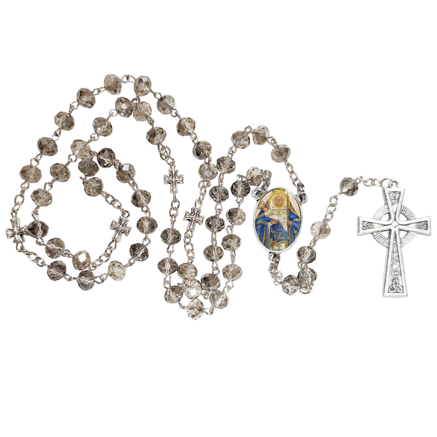 Nuestra Senora de la Candelaria Rosario artesanal de cristal de cuarzo ahumado con crucifijo bañado en plata y centro con imagen a color – crucifijos por Padre Nuestros y postal de rezo EN ESPANOL