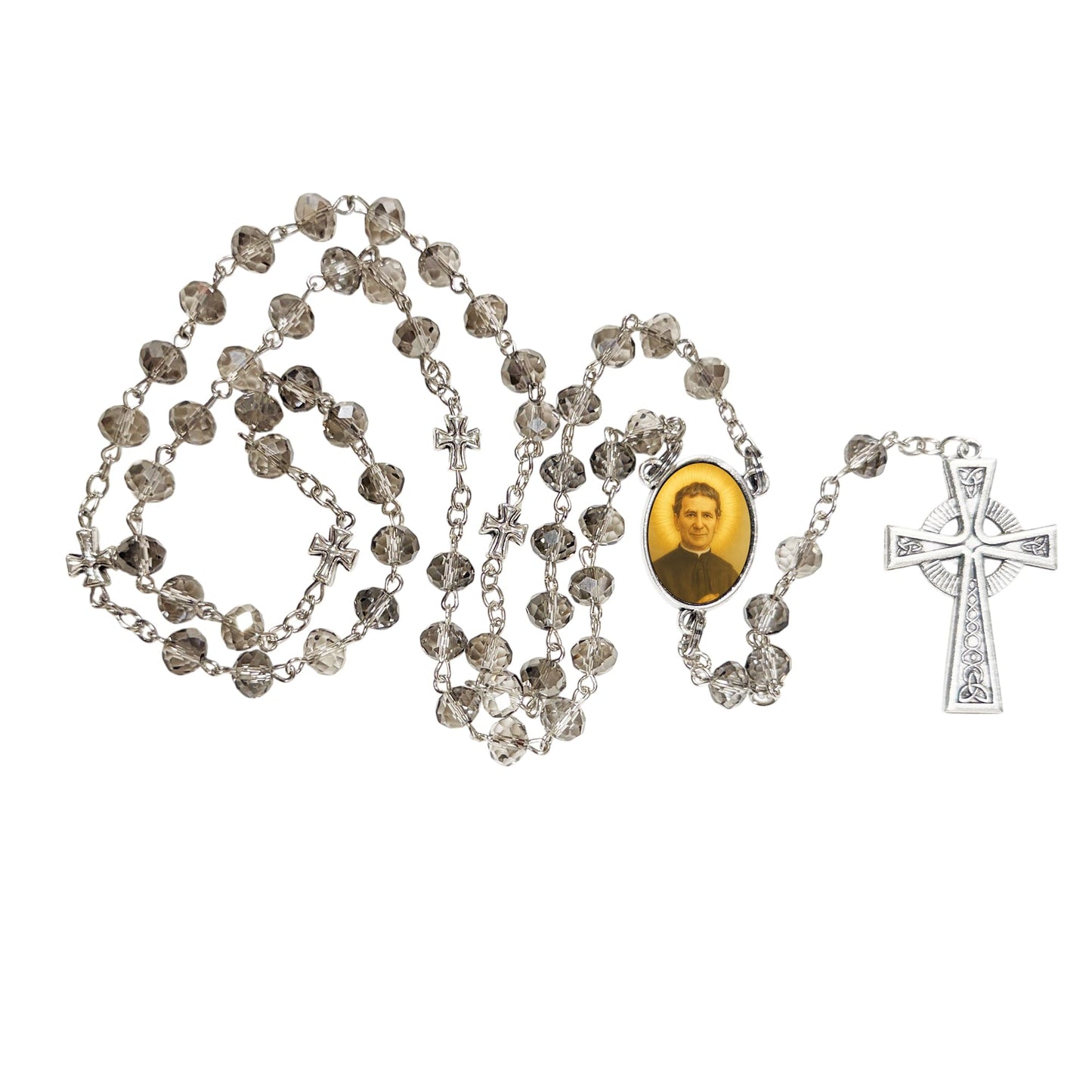 San Juan Bosco Don Bosco Patron de los Estudiantes Handcrafted Smoke Quartz Crystal Rosary with Silver‑Plated Crucifix and Color Image Centerpiece – Cross Pater Nosters and TARJETA EN ESPANOL