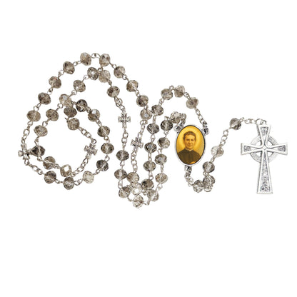 San Juan Bosco Don Bosco Patron de los Estudiantes Handcrafted Smoke Quartz Crystal Rosary with Silver‑Plated Crucifix and Color Image Centerpiece – Cross Pater Nosters and TARJETA EN ESPANOL