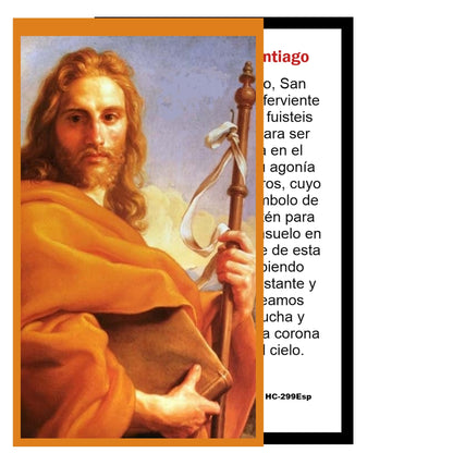 San Santiago Patron de Espana Camino de Santiago Rosario artesanal de cristal de cuarzo ahumado con crucifijo bañado en plata y centro con imagen a color – crucifijos por Padre Nuestros y postal de rezo EN ESPANOL