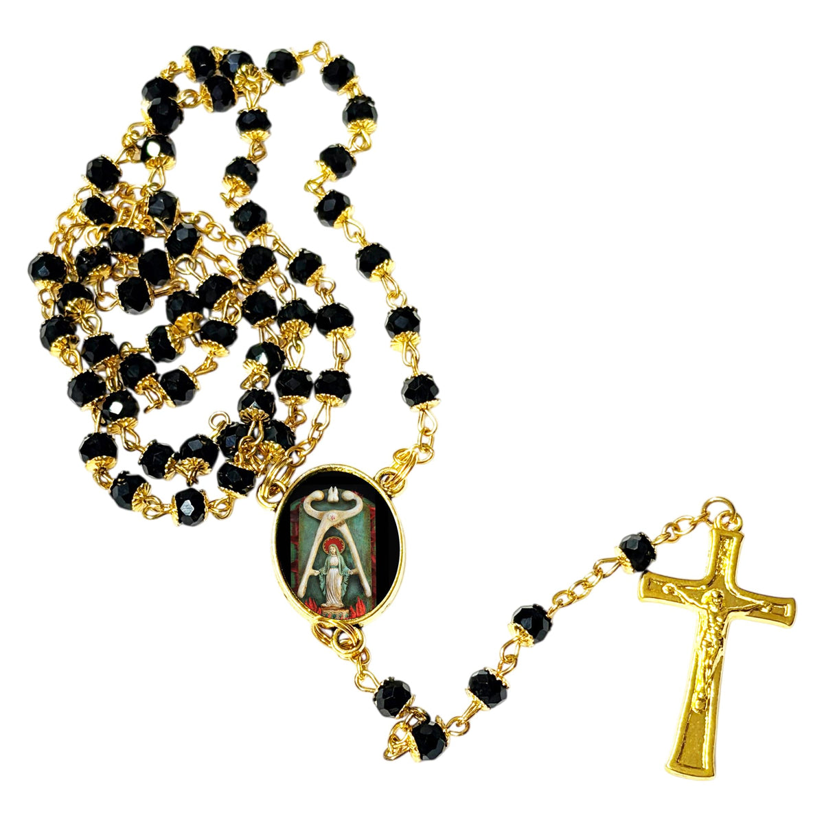 Saint Apollonia Patron of Dentists and Those with Oral Disease Handcrafted rosary jet black quartz capped beads gold plated findings, crucifix, medal centerpiece with color image and a prayer card IN ENGLISH