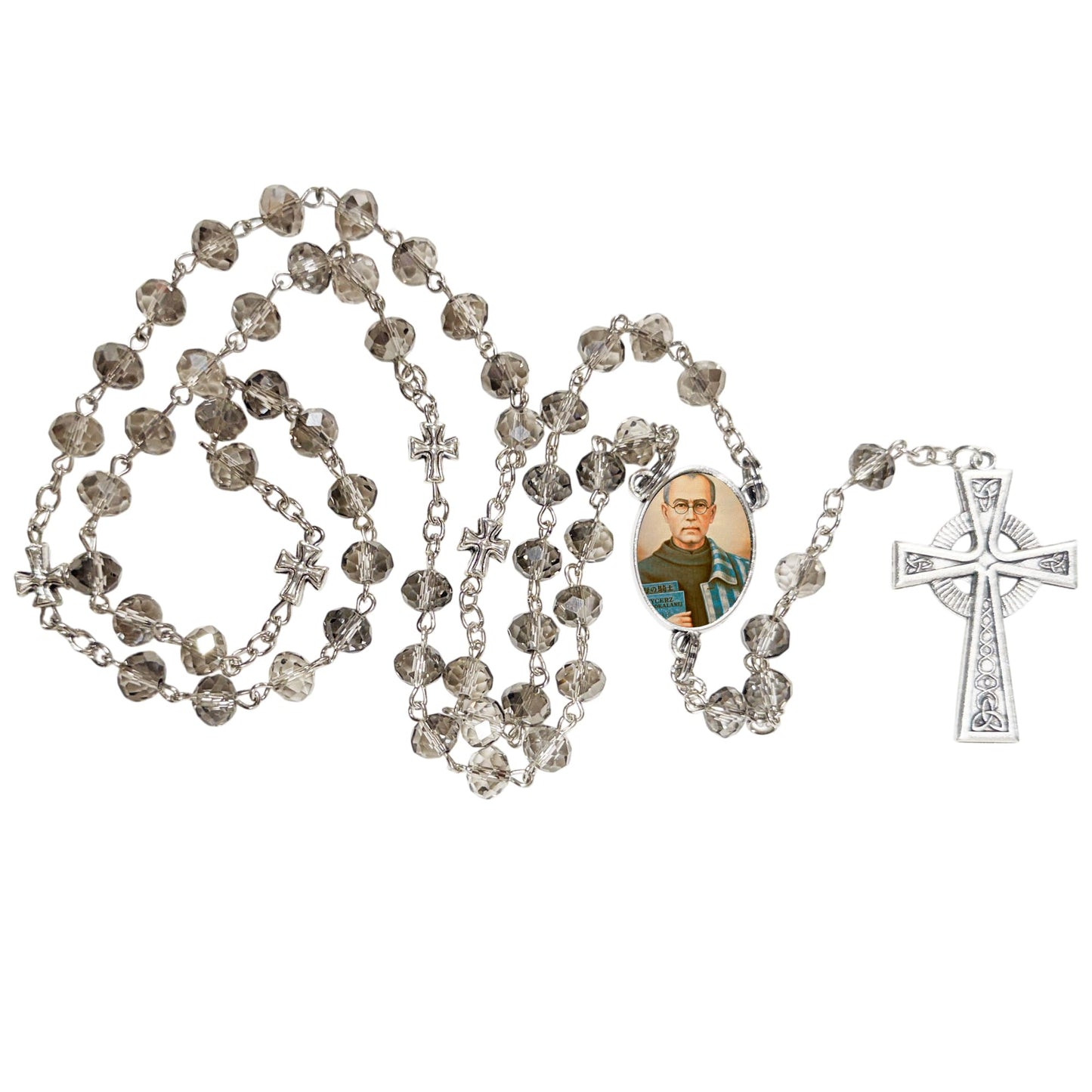 Saint Maximilian Kolbe Patron of Those with Addictions Handcrafted Smoke Quartz Crystal Rosary with Silver‑Plated Crucifix and Color Image Centerpiece – Cross Pater Nosters and Prayer Card Included