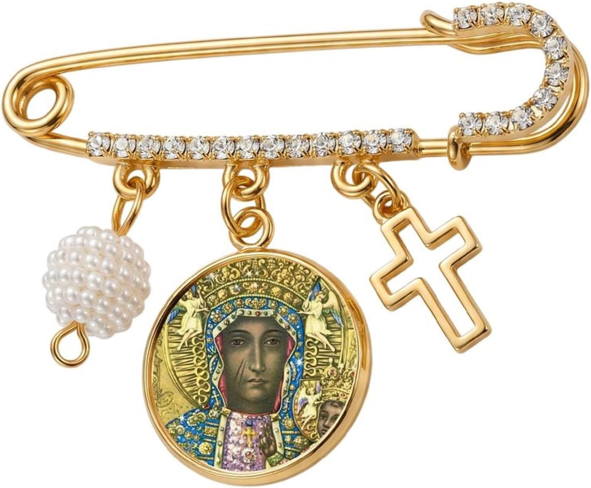 Our Lady of Czestochowa Catholic Prayer Pin Brooch, Gold-Tone Rhinestone Safety Pin with Saint Medal, Cross Charm, Pearl Bead Accent & English Prayer Card, Religious Faith Jewelry Gift