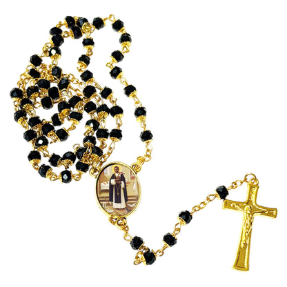 Saint Martin de Porres Patron of Mixed Races Handcrafted rosary jet black quartz capped beads gold plated findings, crucifix, medal centerpiece with color image and a prayer card