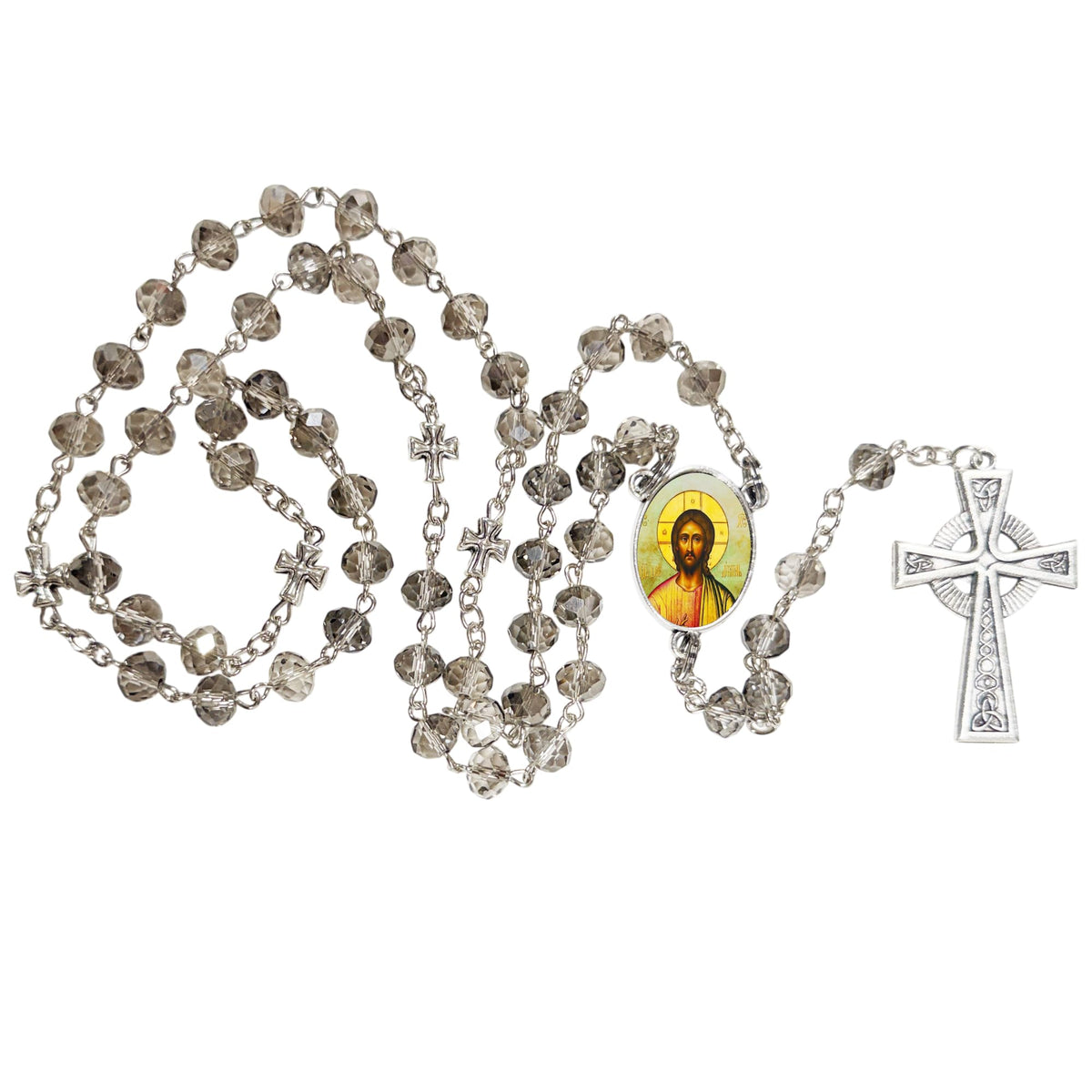 The JESUS Prayer Christ Pantocrator Handcrafted Smoke Quartz Crystal Rosary with Silver‑Plated Crucifix and Color Image Centerpiece – Cross Pater Nosters and Prayer Card Included