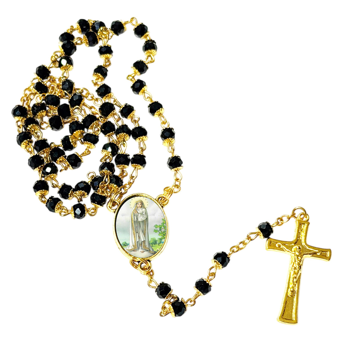 Our Lady of Fatima Handcrafted rosary jet black quartz capped beads gold plated findings, crucifix, medal centerpiece with color image and a prayer card