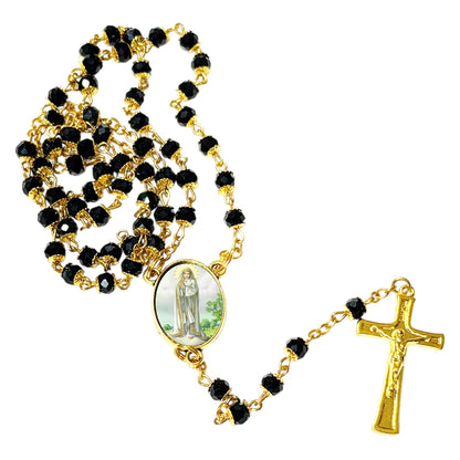 Our Lady of Fatima Handcrafted rosary jet black quartz capped beads gold plated findings, crucifix, medal centerpiece with color image and a prayer card
